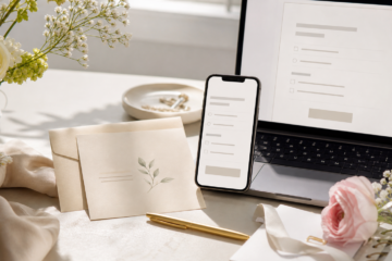 Online-RSVP Checkliste fuer Hochzeitsgaeste mit Einladung und Smartphone